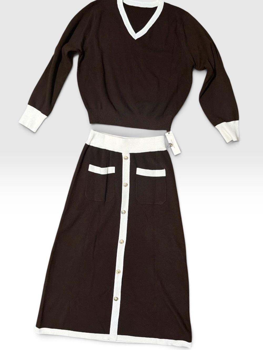 Commense V-Neck Sweater and Button-Front Maxi Skirt Set - Brown & White